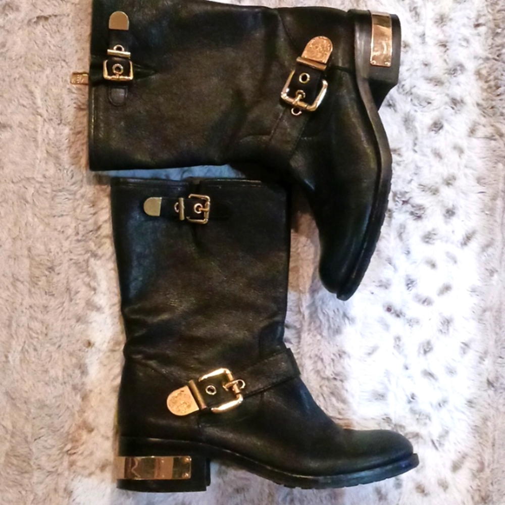 Vince Camuto Black Ankle Boots with Gold Accents